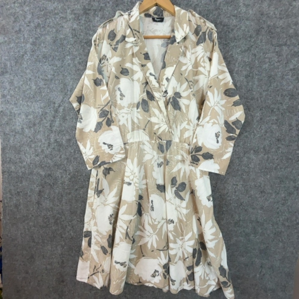 Rhymes Midi Dress Womens L Khaki Floral Notch Lapel Safari Epaulets Vintage